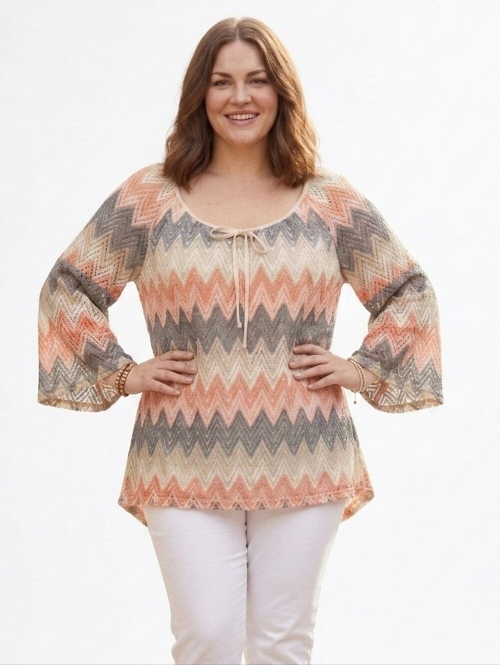 Women's Plus 1X Chevron Lace Top Bohemian Bell Sleeve Boho Chic Summer Blouse